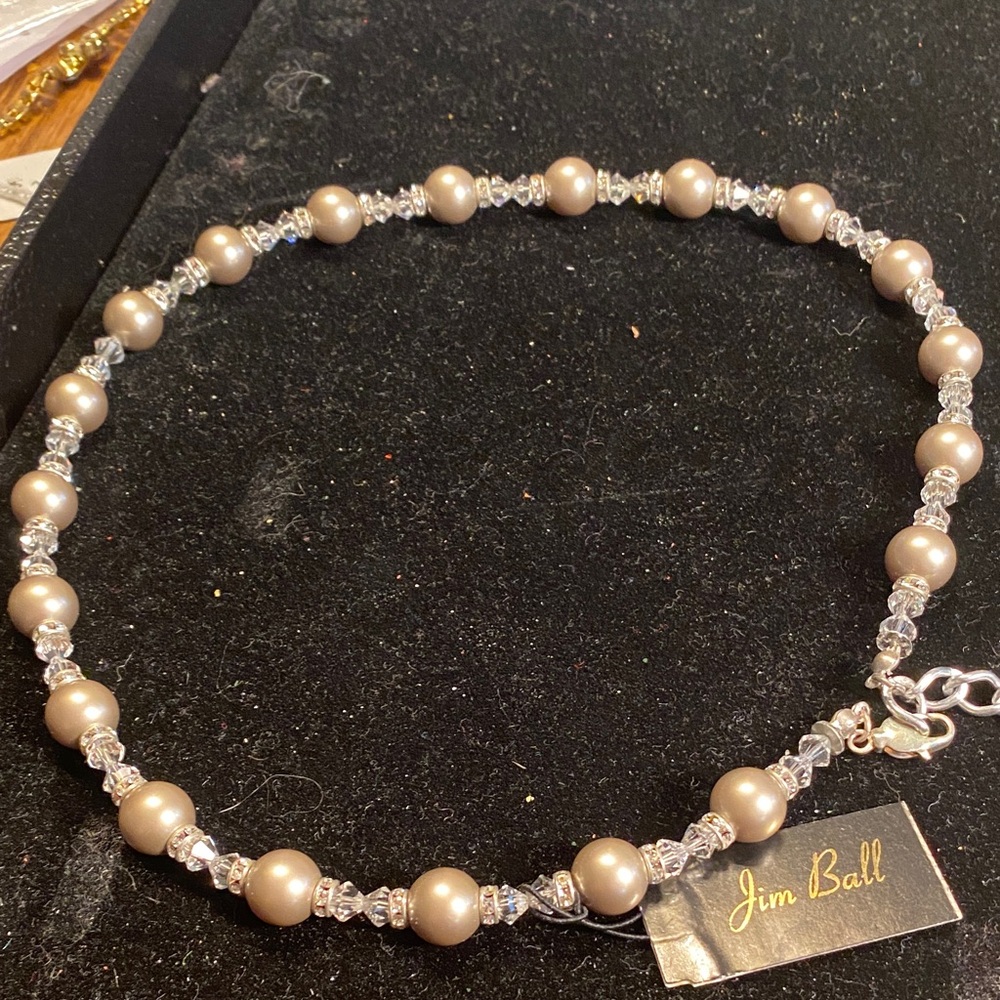 Jim Ball Taupe Pearl and Crystal Necklace